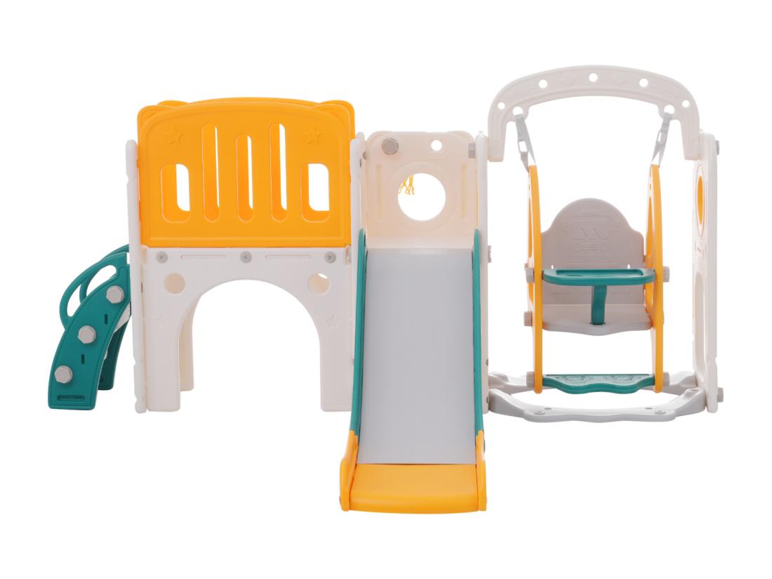 Vente Unique Toboggan 7 En 1 Pour Enfant Avec Balançoire Plate-forme Zone De Rangement Arcade Panier De Basket Escalier PEHD Vert+jaune