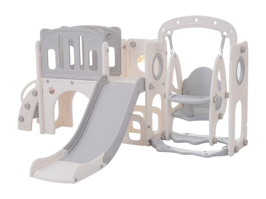 Vente Unique Toboggan 7 En 1 Pour Enfant Avec Balançoire Plate-forme Zone De Rangement Arcade Panier De Basket Escalier PEHD Gris+blanc