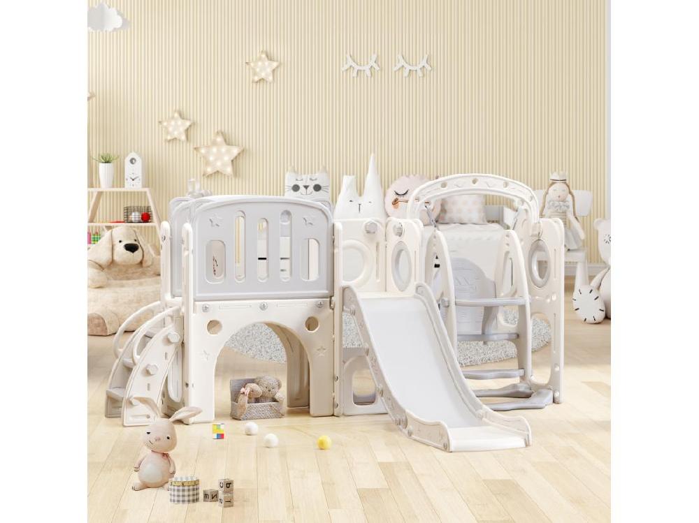 Vente Unique Toboggan 7 En 1 Pour Enfant Avec Balançoire Plate-forme Zone De Rangement Arcade Panier De Basket Escalier PEHD Gris+blanc