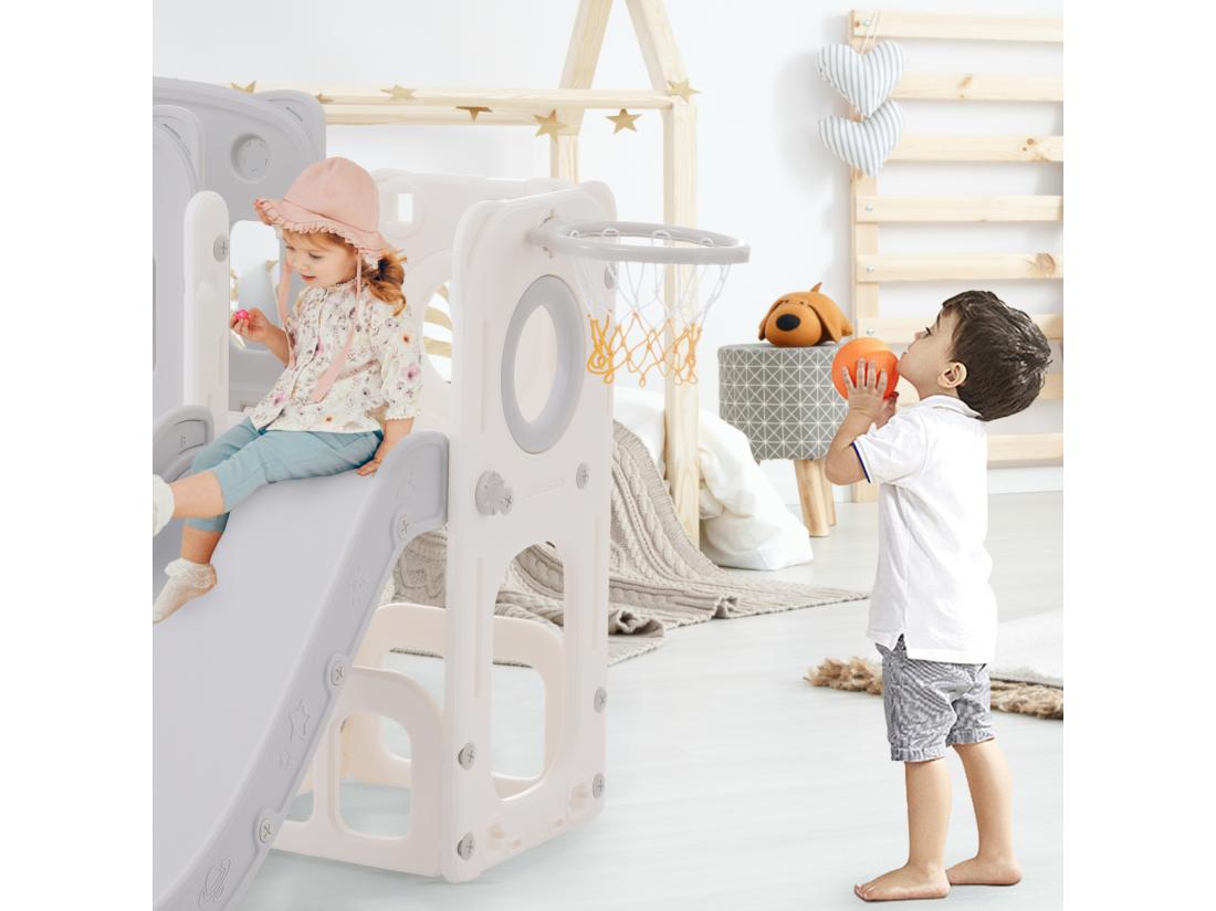 vente unique Toboggan 7 en 1 pour enfant avec balançoire plate-forme zone de rangement arcade panier de basket escalier PEHD gris+blanc