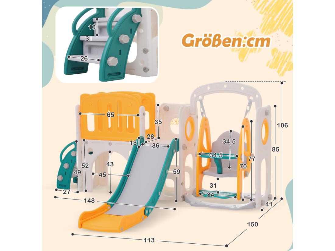 vente unique Toboggan 7 en 1 pour enfant avec balançoire plate-forme zone de rangement arcade panier de basket escalier PEHD vert+jaune