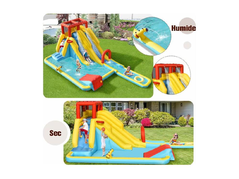 Vente Unique Toboggan Aquatique Gonflable 5 En 1 Avec Pataugeoire Aire De Jeux Gonflable En Oxford Avec Mur D'escalade Canon à Eau Charge 150kg Pour 2-3 Enfants De 3-10 Ans (avec Souffleur 680W)