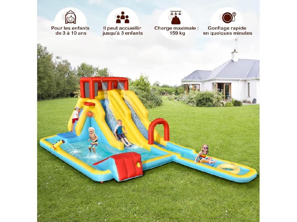 Vente Unique Toboggan Aquatique Gonflable 5 En 1 Avec Pataugeoire Aire De Jeux Gonflable En Oxford Avec Mur D'escalade Canon à Eau Pour Enfants De 3-10 Ans (sans Souffleur)