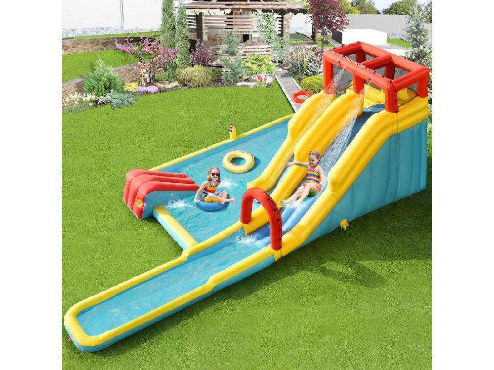 Vente Unique Toboggan Aquatique Gonflable 5 En 1 Avec Pataugeoire Aire De Jeux Gonflable En Oxford Avec Mur D'escalade Canon à Eau Pour Enfants De 3-10 Ans (sans Souffleur)