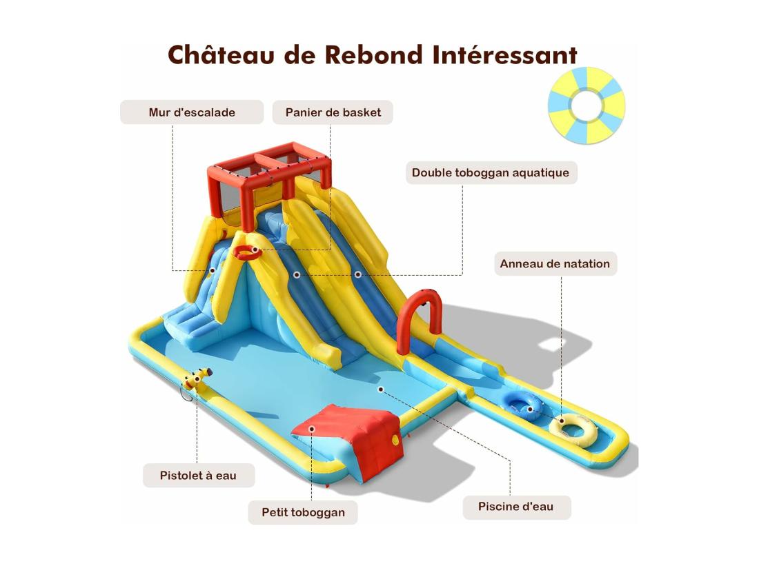 Vente Unique Toboggan Aquatique Gonflable 5 En 1 Avec Pataugeoire Aire De Jeux Gonflable En Oxford Avec Mur D'escalade Canon à Eau Pour Enfants De 3-10 Ans (sans Souffleur)