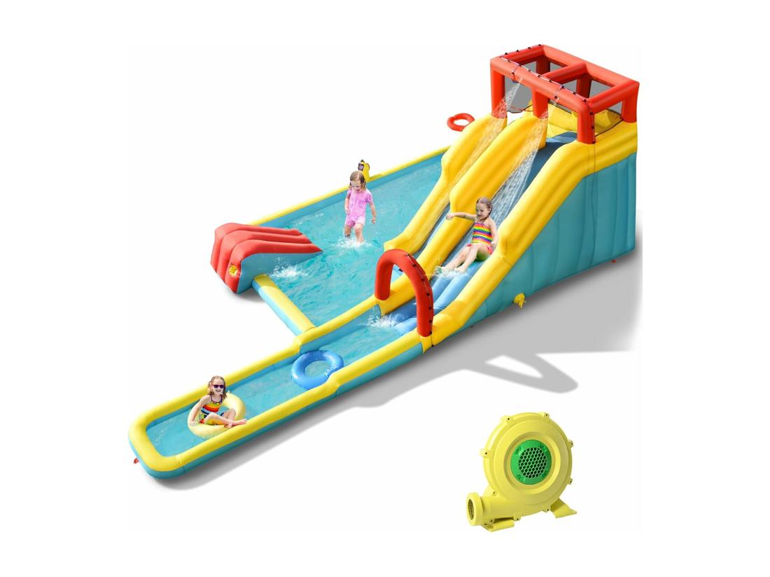 vente unique Toboggan Aquatique Gonflable 5 en 1 avec Pataugeoire Aire de Jeux Gonflable en Oxford avec Mur d'escalade Canon à Eau pour Enfants de 3-10 Ans (sans souffleur)