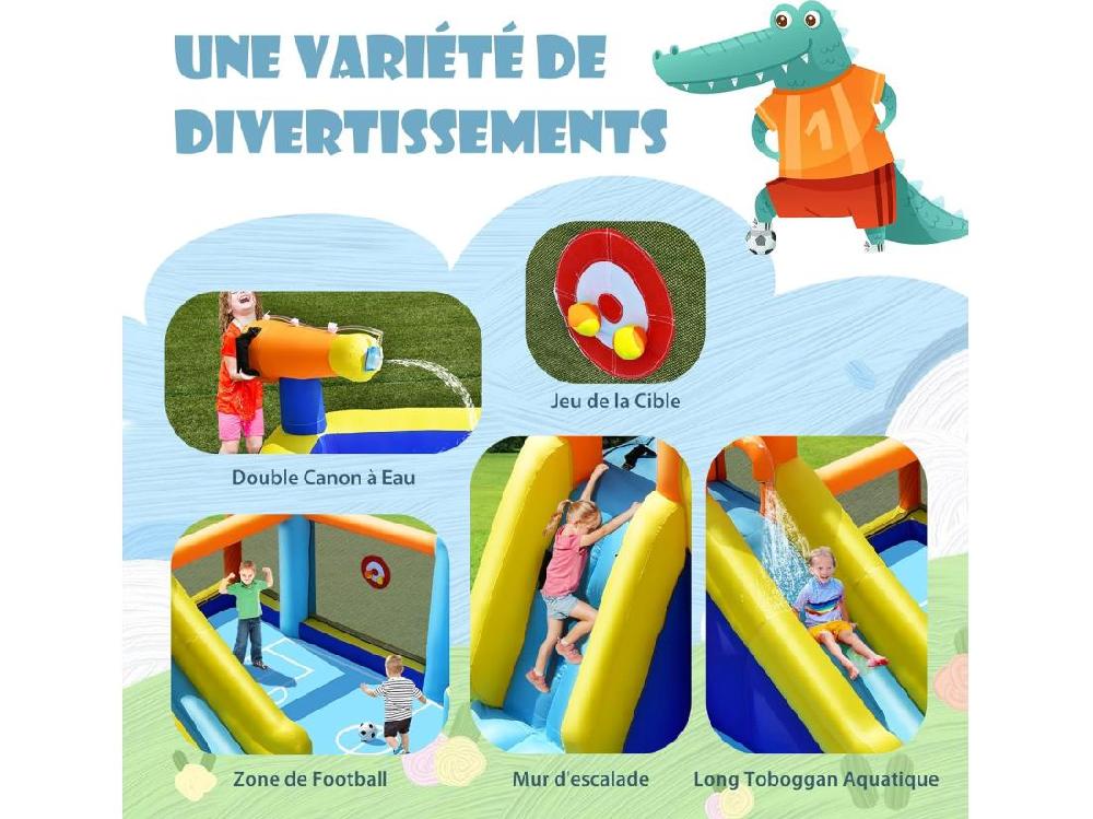 Vente Unique Toboggan Aquatique Gonflable Avec Gonfleur 680W Piscine à Eclaboussures Mur D'Escalade Double Canon à Eau Zone De Football