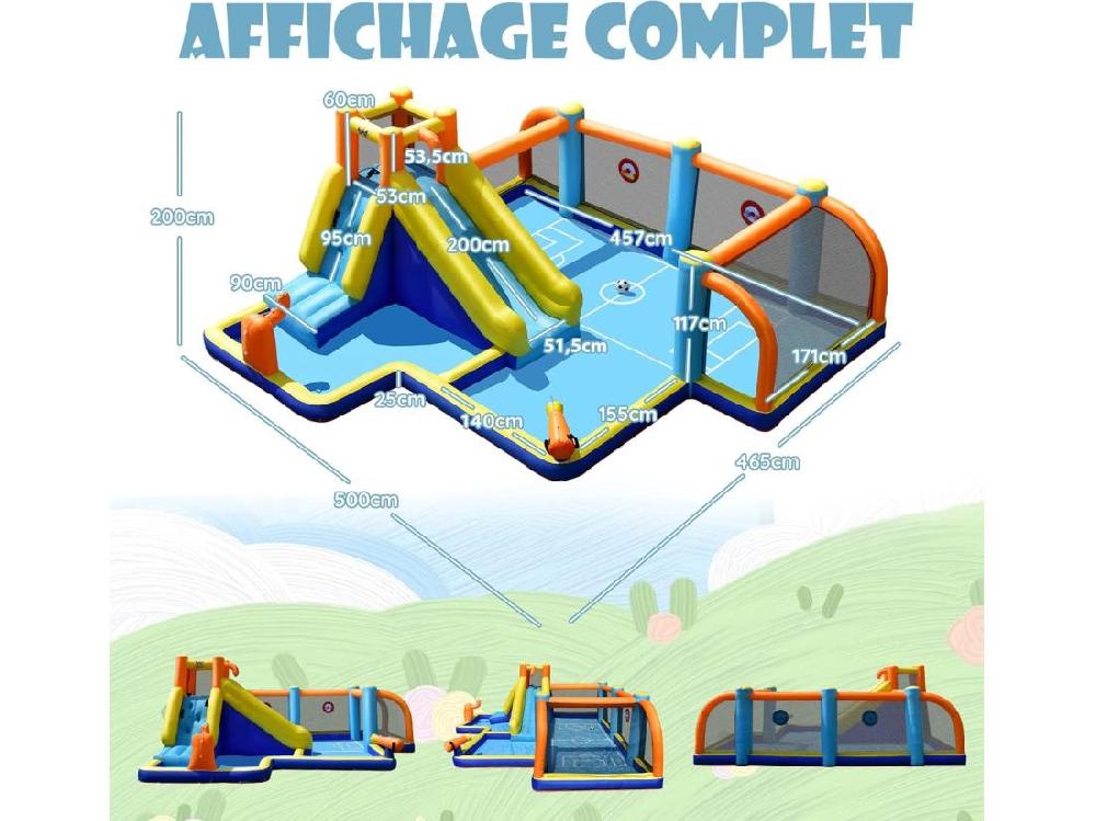 Vente Unique Toboggan Aquatique Gonflable Avec Gonfleur 680W Piscine à Eclaboussures Mur D'Escalade Double Canon à Eau Zone De Football