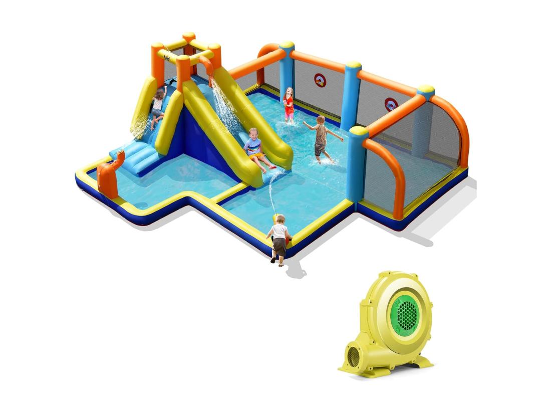 vente unique Toboggan Aquatique Gonflable avec Gonfleur 680W Piscine à Eclaboussures Mur d'Escalade Double Canon à Eau Zone de Football