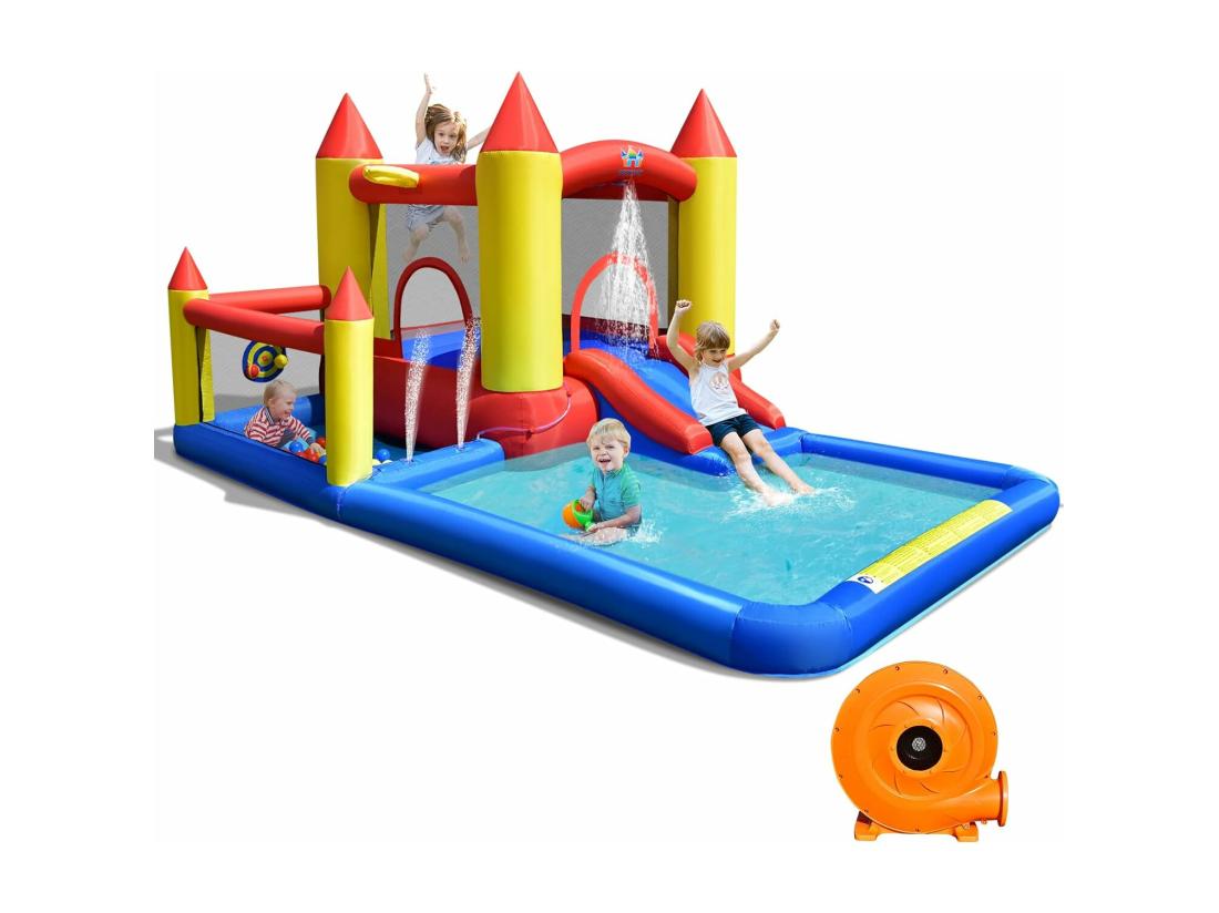 Vente Unique Toboggan Aquatique Gonflable Gonfleur 480W Zone De Saut Pataugeoire Piscine à Balles Panier De Basket-ball Jeu De Lancer