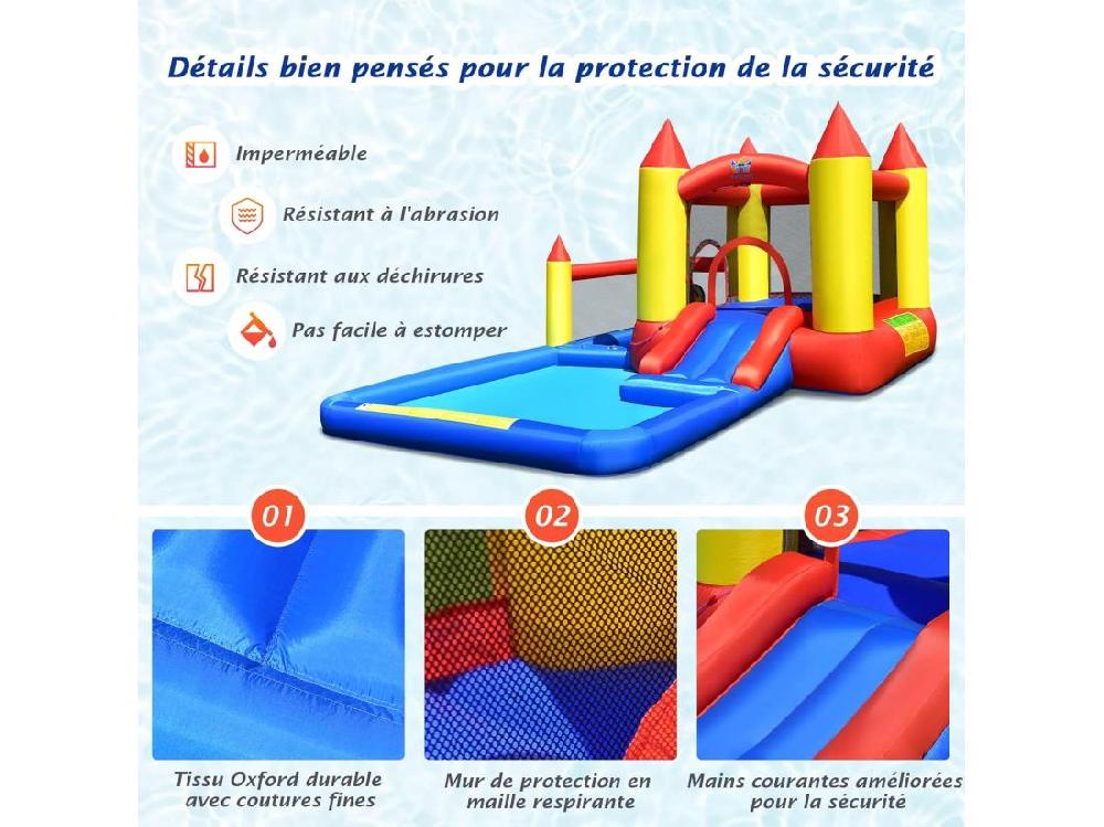Vente Unique Toboggan Aquatique Gonflable Gonfleur 480W Zone De Saut Pataugeoire Piscine à Balles Panier De Basket-ball Jeu De Lancer