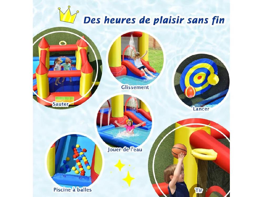 Vente Unique Toboggan Aquatique Gonflable Gonfleur 480W Zone De Saut Pataugeoire Piscine à Balles Panier De Basket-ball Jeu De Lancer