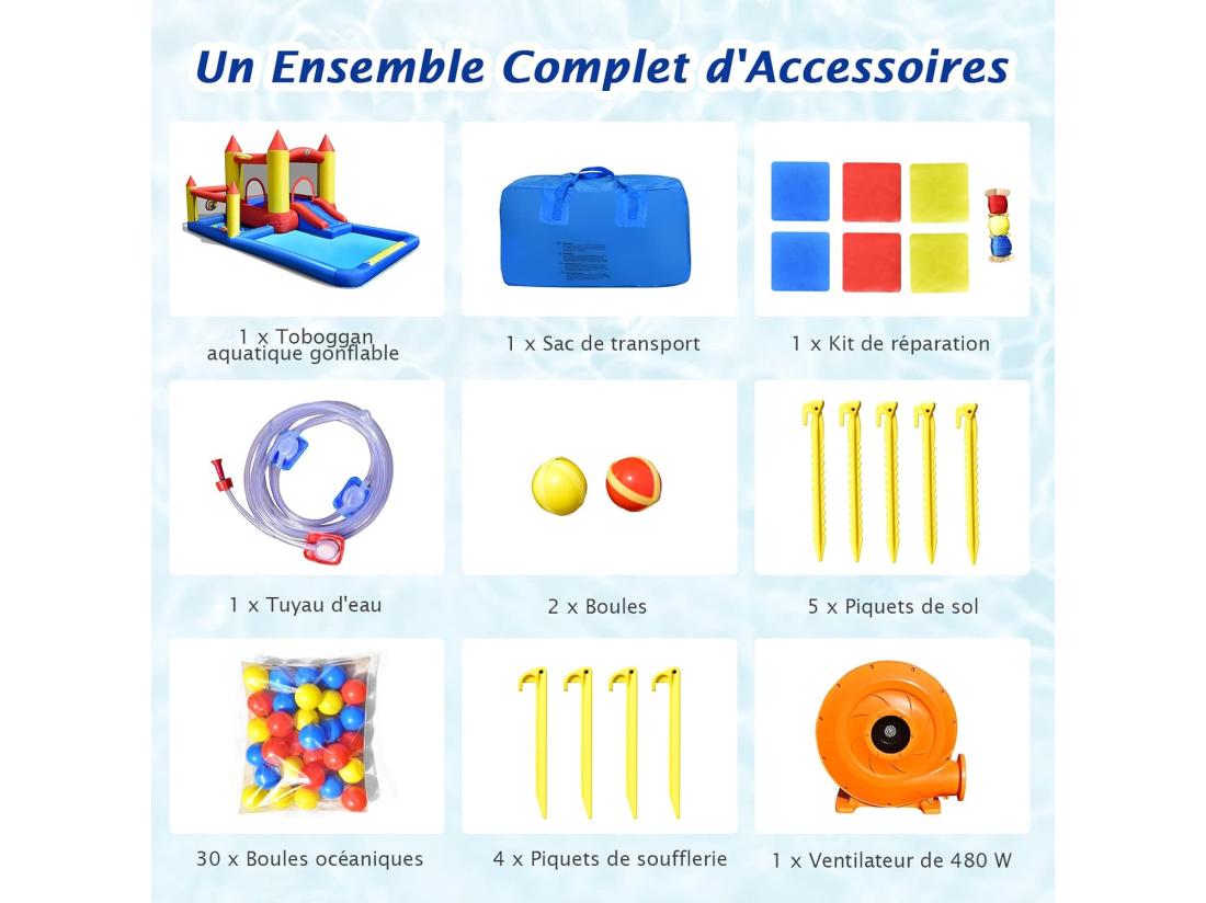 vente unique Toboggan Aquatique Gonflable Gonfleur 480W Zone de Saut Pataugeoire Piscine à Balles Panier de Basket-ball Jeu de Lancer