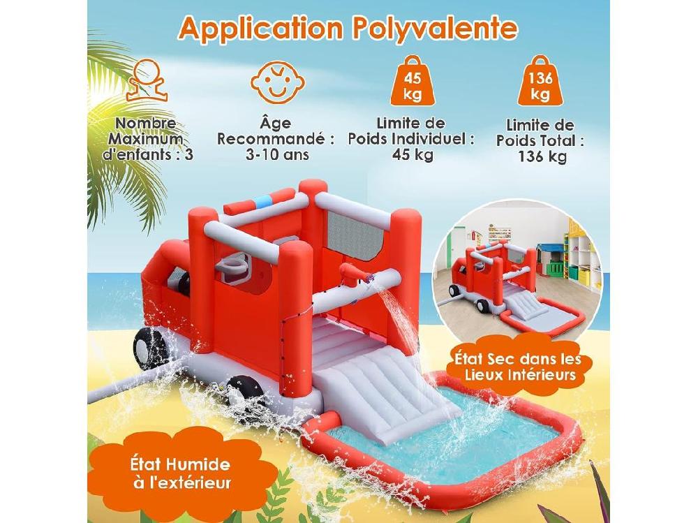 Vente Unique Toboggan Aquatique Gonflable Pour Enfants Sur Le Thème Voiture De Pompiers Avec Piscine à Eclaboussures Zone De Rebond Ballon De Basket(sans Gonfleur)