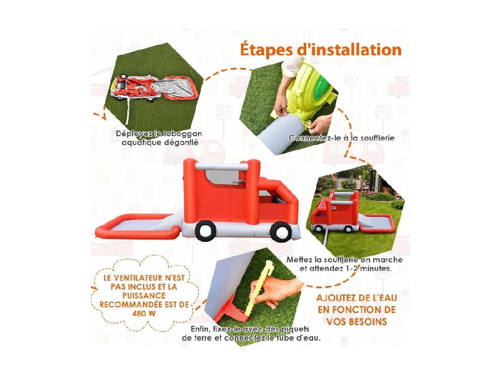 Vente Unique Toboggan Aquatique Gonflable Pour Enfants Sur Le Thème Voiture De Pompiers Avec Piscine à Eclaboussures Zone De Rebond Ballon De Basket(sans Gonfleur)
