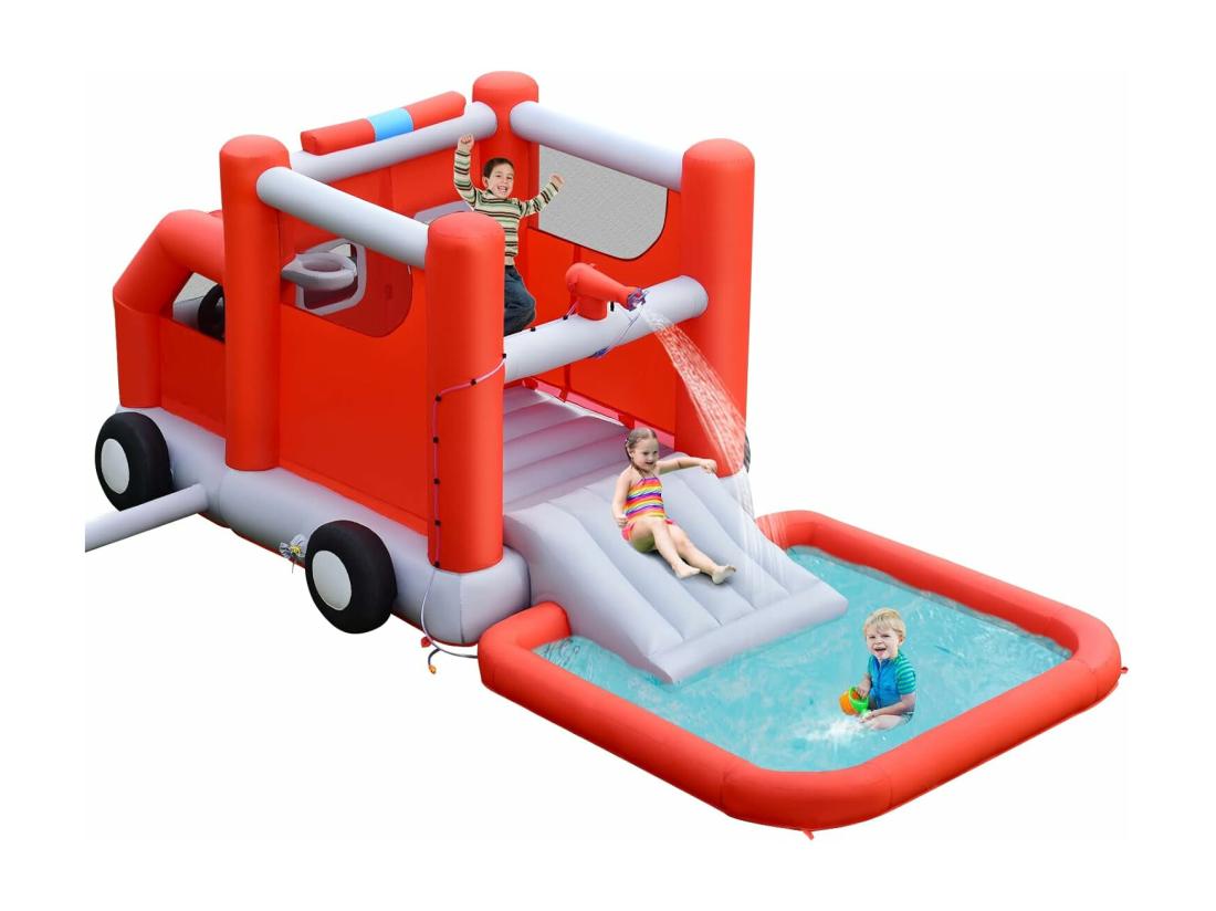 vente unique Toboggan Aquatique Gonflable pour Enfants sur Le Thème Voiture de Pompiers avec Piscine à Eclaboussures Zone de Rebond Ballon de Basket（sans Gonfleur)