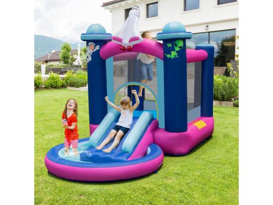Vente Unique Toboggan Aquatique Gonflable Thème De L'espace Avec Gonfleur 480 W Piscine à Eclaboussures Toboggan Portable Sac De Transport Et Piquets