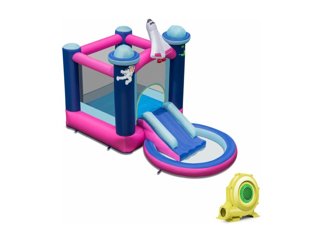 Vente Unique Toboggan Aquatique Gonflable Thème De L'espace Avec Gonfleur 480 W Piscine à Eclaboussures Toboggan Portable Sac De Transport Et Piquets