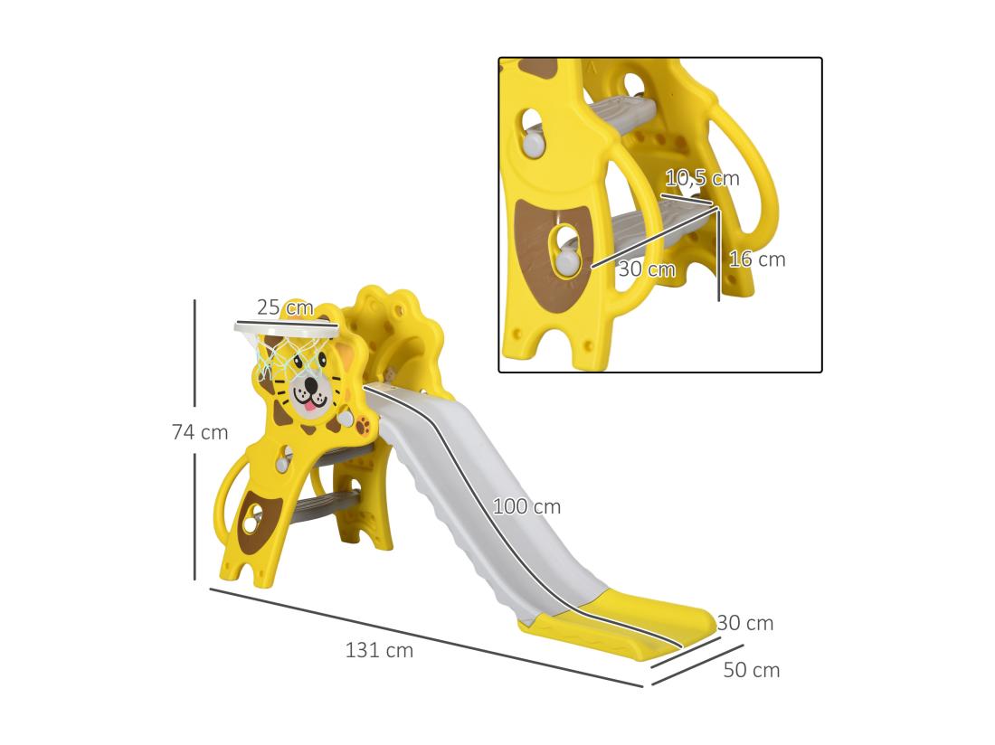 Vente Unique Toboggan Enfant 18-36 Mois - Panier Basket Ballon Pompe Inclus - HDPE Jaune Gris