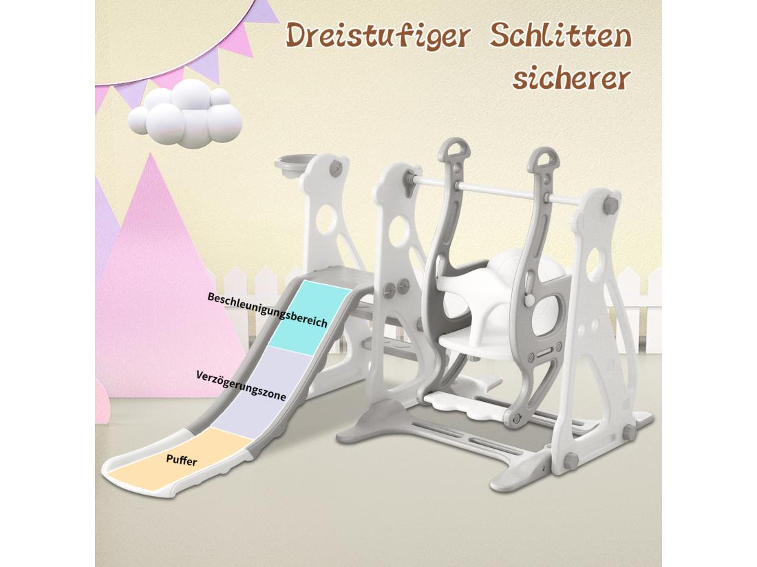Vente Unique Toboggan Pour Enfants 4 En 1 - Convient Pour L'intérieur Et L'extérieur - Avec Balançoire Cadre De Basket Toboggan échelle - Gris