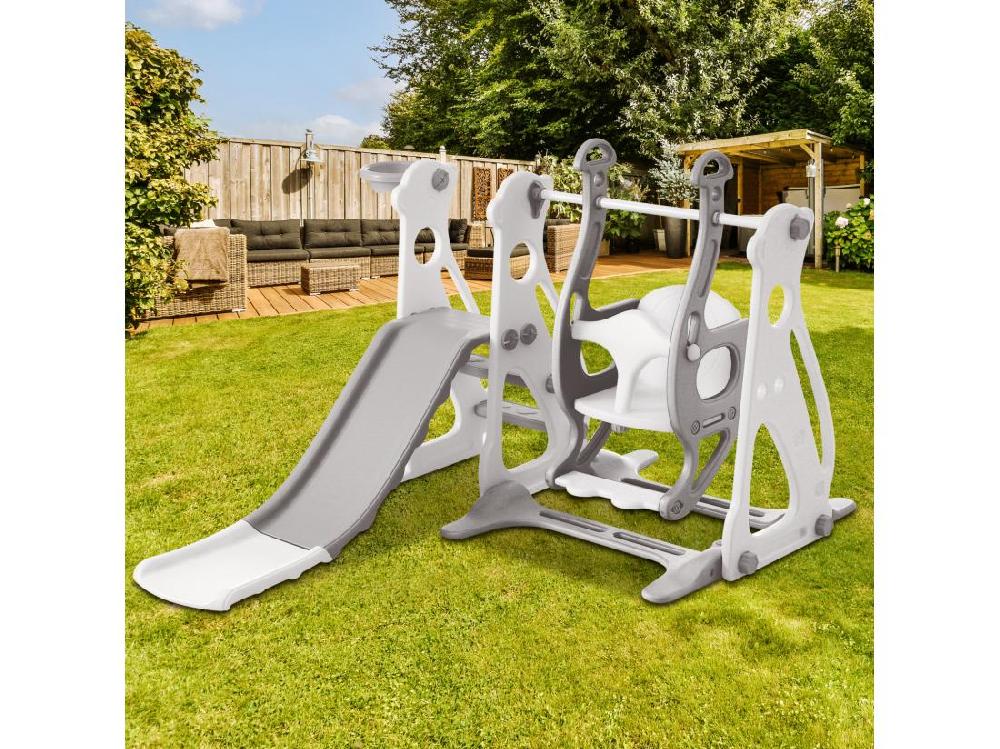 vente unique Toboggan pour enfants 4 en 1 - Convient pour l'intérieur et l'extérieur - avec balançoire cadre de basket toboggan échelle - Gris