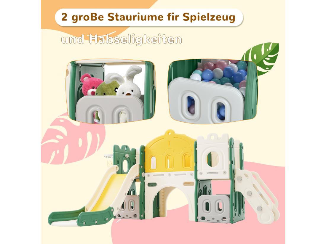 Vente Unique Toboggan Pour Enfants 6 En 1 - Avec Panier De Basket Toboggan Tour D'escalade En PEHD (balles De Mer Non Exclues) - Vert
