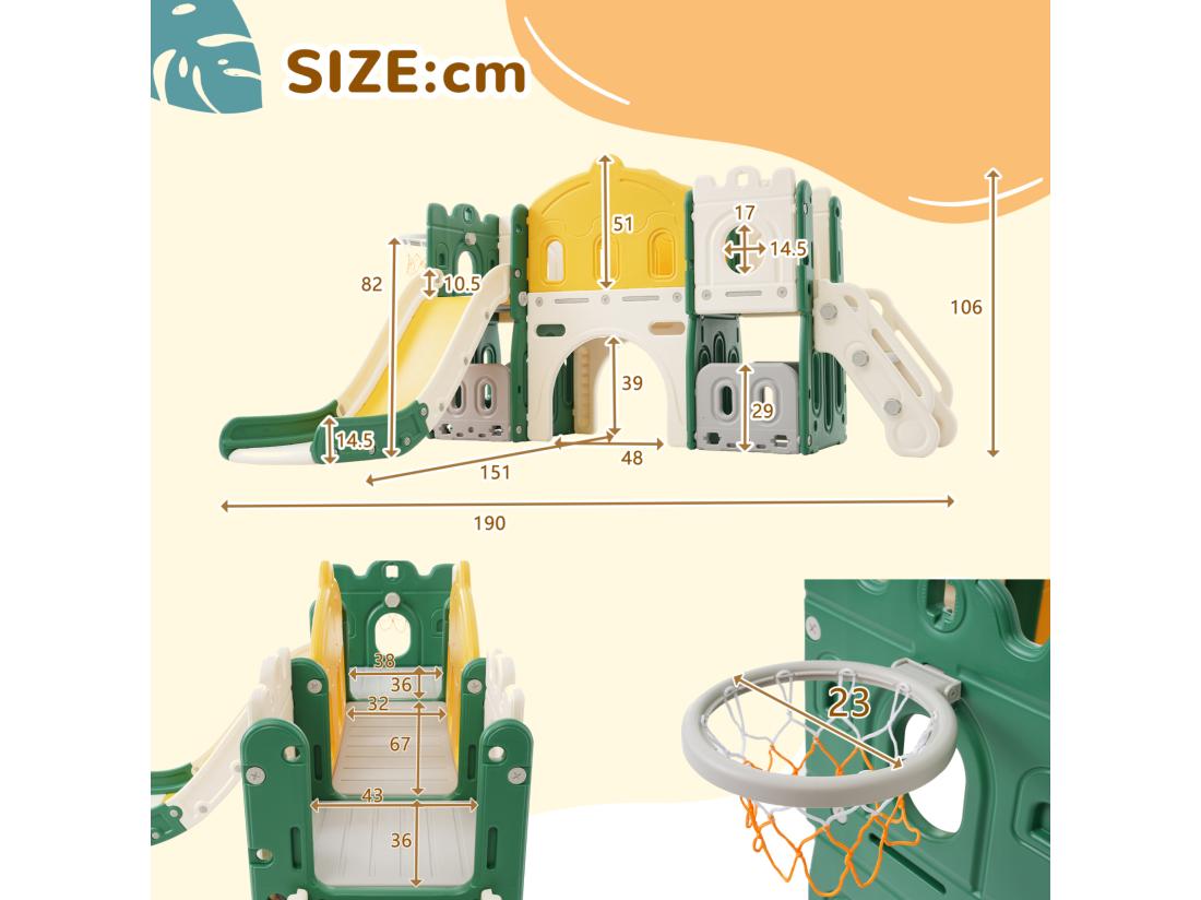 Vente Unique Toboggan Pour Enfants 6 En 1 - Avec Panier De Basket Toboggan Tour D'escalade En PEHD (balles De Mer Non Exclues) - Vert