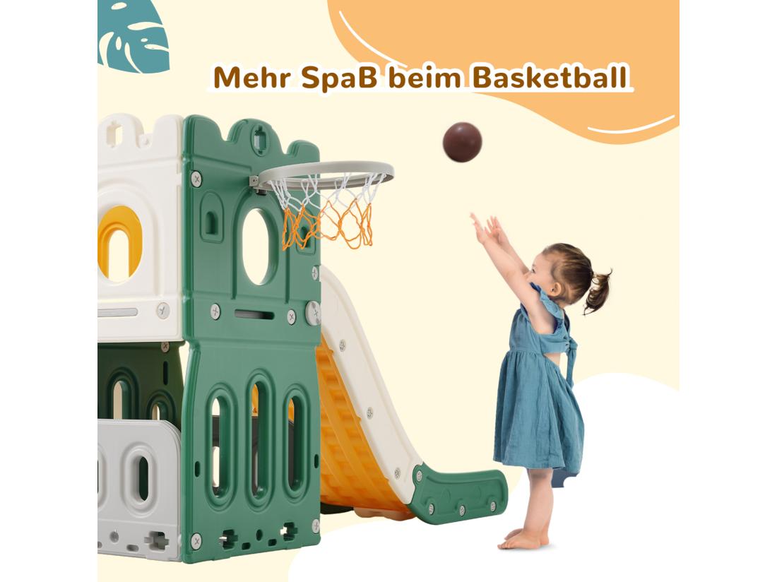 Vente Unique Toboggan Pour Enfants 6 En 1 - Avec Panier De Basket Toboggan Tour D'escalade En PEHD (balles De Mer Non Exclues) - Vert