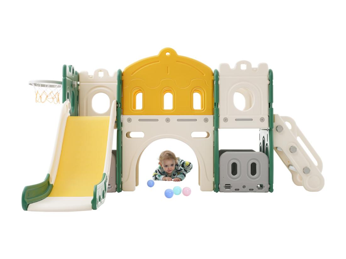 Vente Unique Toboggan Pour Enfants 6 En 1 - Avec Panier De Basket Toboggan Tour D'escalade En PEHD (balles De Mer Non Exclues) - Vert