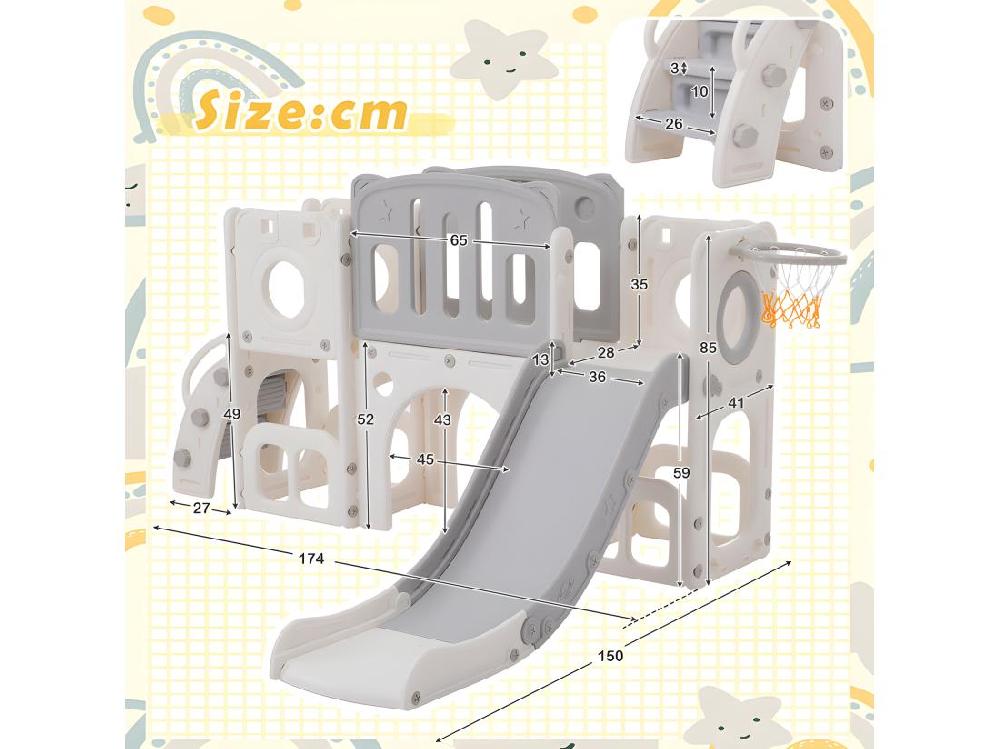 Vente Unique Toboggan Pour Enfants 6 En 1 - Composé D'un Toboggan D'un Panier De Basket D'un Escalier D'un Tunnel Et De Deux Rangements - Polyéthylène - Gris Clair