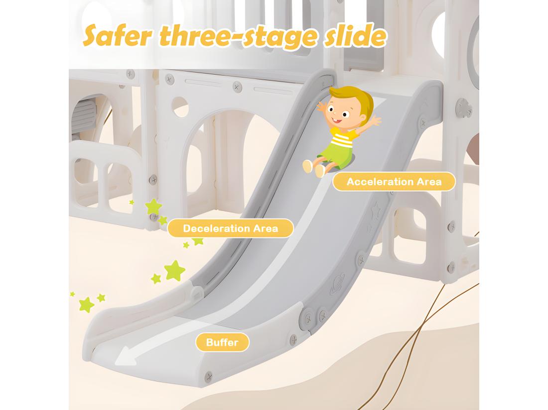 Vente Unique Toboggan Pour Enfants 6 En 1 - Composé D'un Toboggan D'un Panier De Basket D'un Escalier D'un Tunnel Et De Deux Rangements - Polyéthylène - Gris Clair