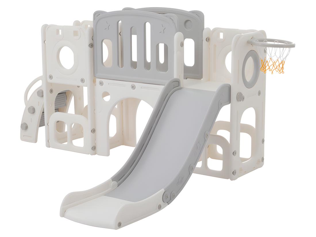 Vente Unique Toboggan Pour Enfants 6 En 1 - Composé D'un Toboggan D'un Panier De Basket D'un Escalier D'un Tunnel Et De Deux Rangements - Polyéthylène - Gris Clair