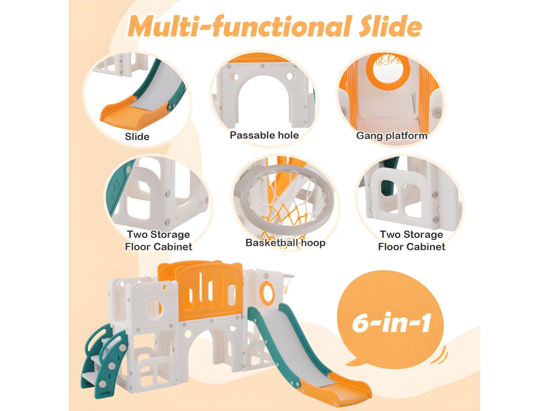 Vente Unique Toboggan Pour Enfants 6 En 1 - Composé D'un Toboggan D'un Panier De Basket D'un Escalier D'un Tunnel Et De Deux Rangements - Polyéthylène - Vert