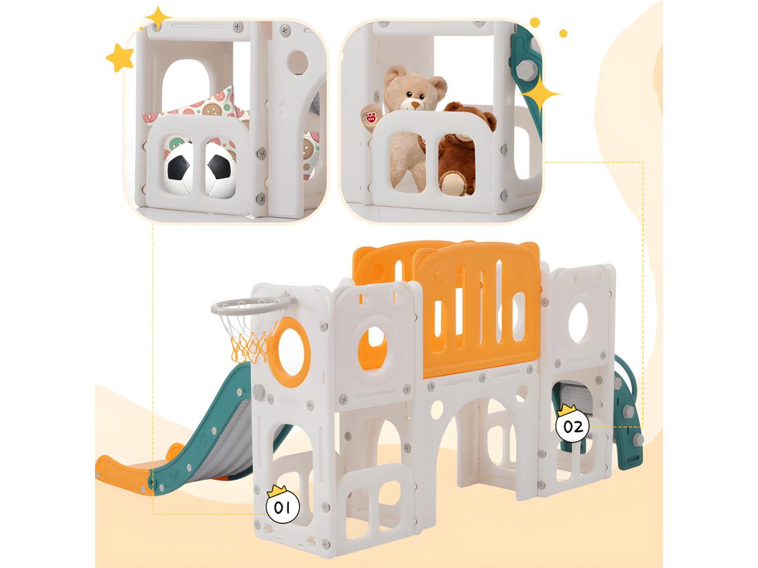 Vente Unique Toboggan Pour Enfants 6 En 1 - Composé D'un Toboggan D'un Panier De Basket D'un Escalier D'un Tunnel Et De Deux Rangements - Polyéthylène - Vert