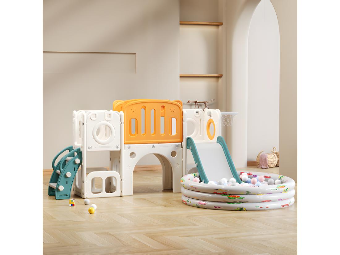 Vente Unique Toboggan Pour Enfants 6 En 1 - Composé D'un Toboggan D'un Panier De Basket D'un Escalier D'un Tunnel Et De Deux Rangements - Polyéthylène - Vert