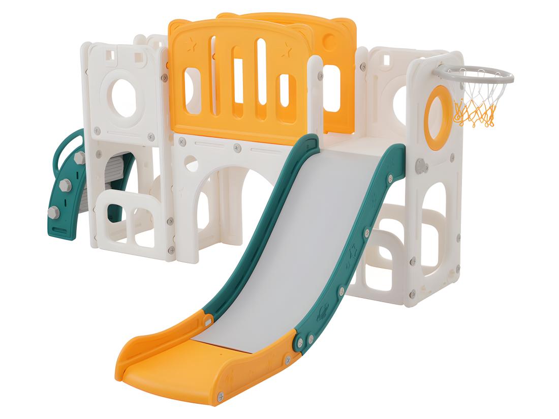 vente unique Toboggan pour enfants 6 en 1 - composé d'un toboggan d'un panier de basket d'un escalier d'un tunnel et de deux rangements - Polyéthylène - Vert