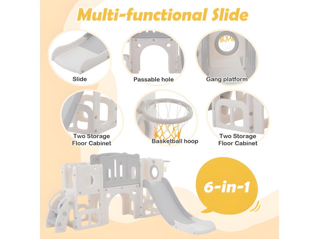 vente unique Toboggan pour enfants 6 en 1 - composé d'un toboggan d'un panier de basket d'un escalier d'un tunnel et de deux rangements - Polyéthylène - Gris clair