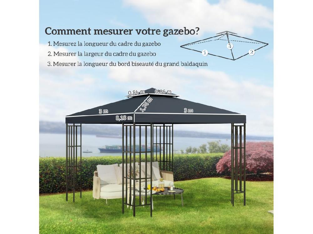 Vente Unique Toile De Rechange Pour Pavillon Tonnelle Tente 3 X 3 M Polyester Haute Densité 180 G/m² Gris Foncé