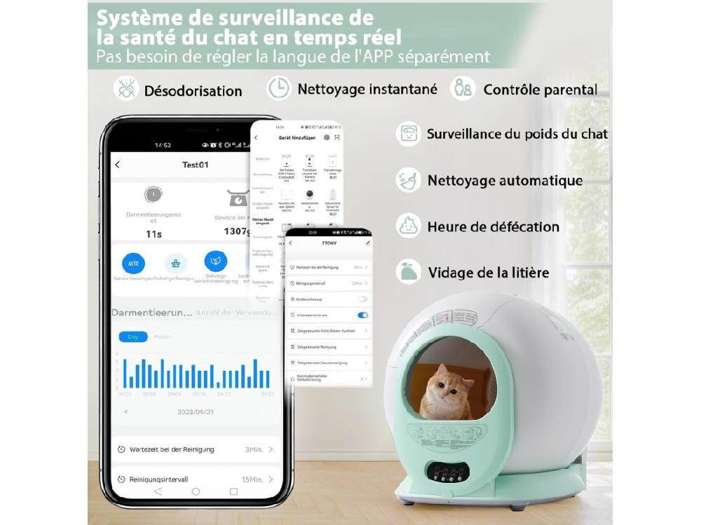 Vente Unique Toilette Intelligente Pour Chat Robot Litière Automatique Pour Chat Nettoient Automatiquement Odeur éliminée Avec Capteur Infrarouge Et APP 48x52x50.5cm