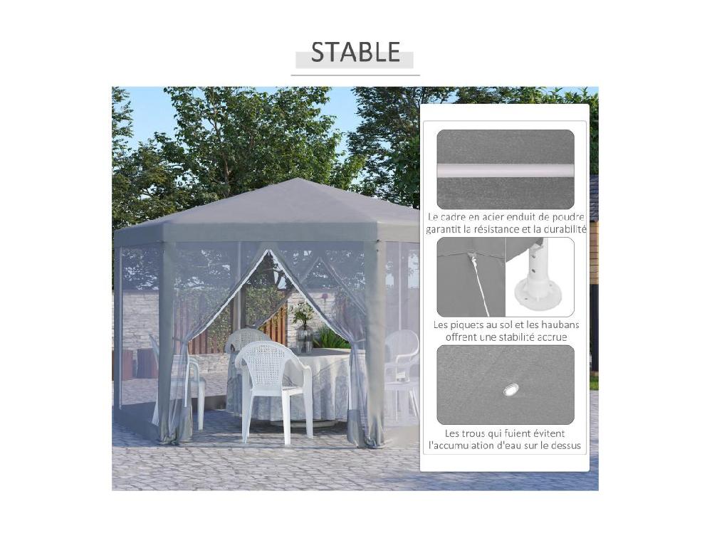 Vente Unique Tonnelle Barnum Tente De Réception Hexagonale Style Cosy Métal Polyester Imperméabilisé Surface Env. 10 M² Gris