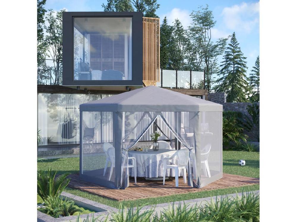 Vente Unique Tonnelle Barnum Tente De Réception Hexagonale Style Cosy Métal Polyester Imperméabilisé Surface Env. 10 M² Gris