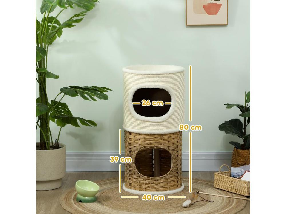 Vente Unique Tour à Griffer Pour Chat 3 Niveaux - 2 Niches Panier Observation- H.75 5 Cm - Résine Tressée Sisal