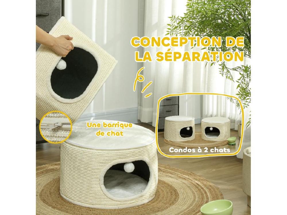 Vente Unique Tour Pour Chat Modulable Zippée 3 Parties - Tonneau Griffoir Chat 2 Pompons - Sisal Naturel Peluche Crème