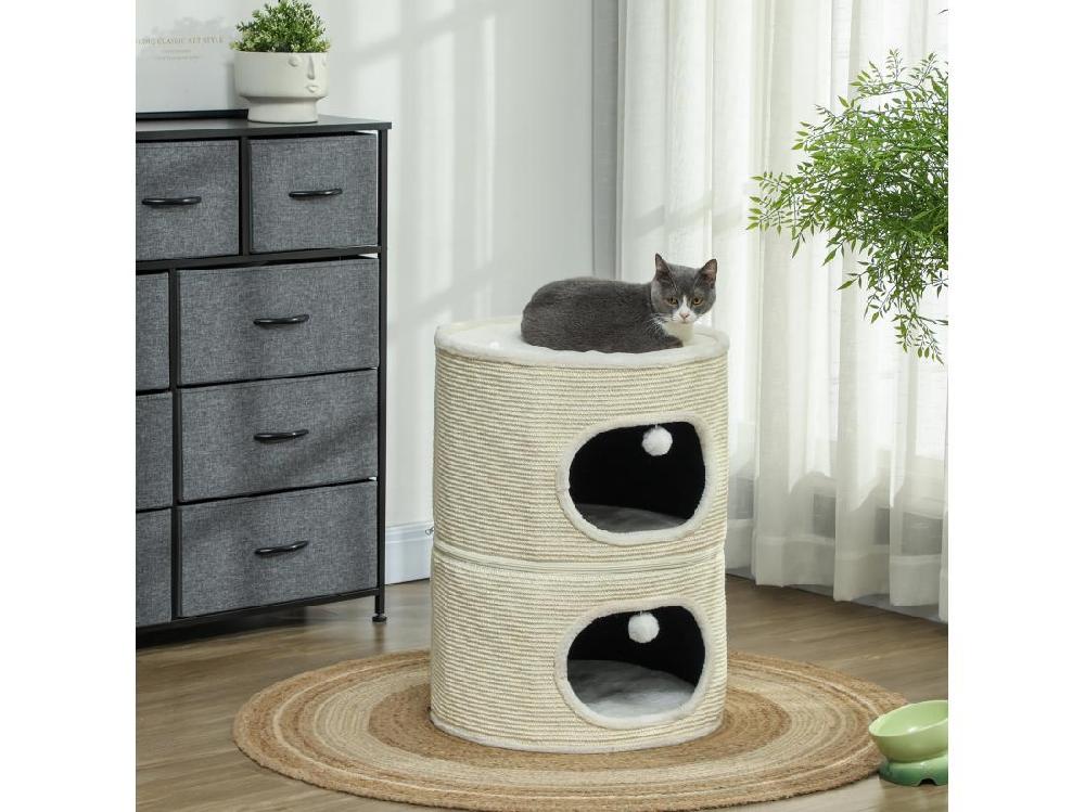 Vente Unique Tour Pour Chat Modulable Zippée 3 Parties - Tonneau Griffoir Chat 2 Pompons - Sisal Naturel Peluche Crème