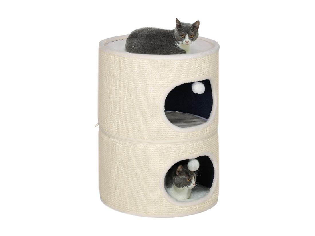 Vente Unique Tour Pour Chat Modulable Zippée 3 Parties - Tonneau Griffoir Chat 2 Pompons - Sisal Naturel Peluche Crème