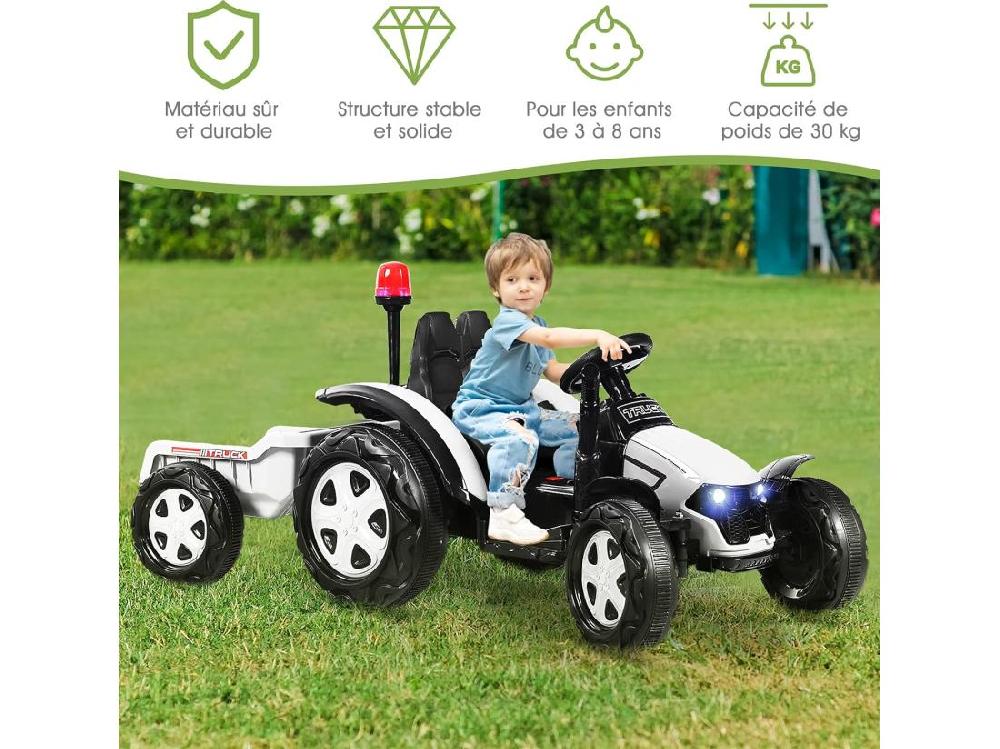 Vente Unique Tracteur Electrique Avec Télécommande 2.4G 12V 7AH Vitesse : 3-8 Km/h MP3 Port USB Pour Enfants De 3 à 8 Ans Blanc