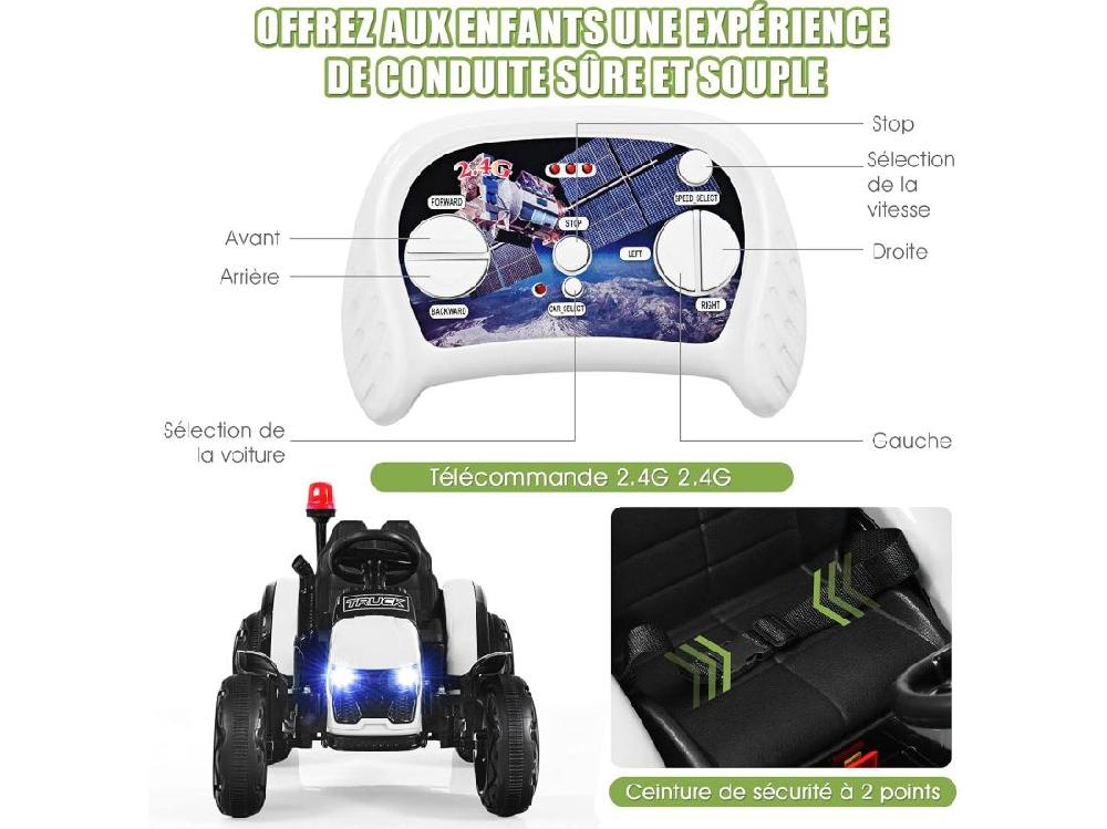 Vente Unique Tracteur Electrique Avec Télécommande 2.4G 12V 7AH Vitesse : 3-8 Km/h MP3 Port USB Pour Enfants De 3 à 8 Ans Blanc