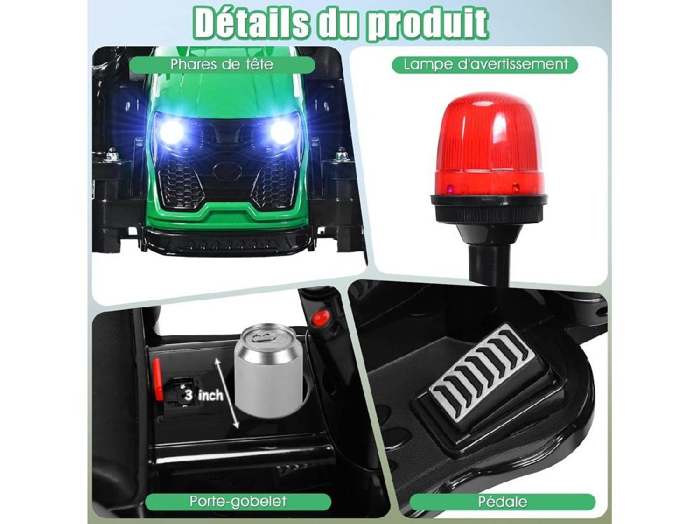 Vente Unique Tracteur Electrique Enfants Avec Télécommande 2.4G 12V 7AH Vitesse : 3-8 Km/h MP3 Port USB Pour Enfants De 3 à 8 Ans Vert