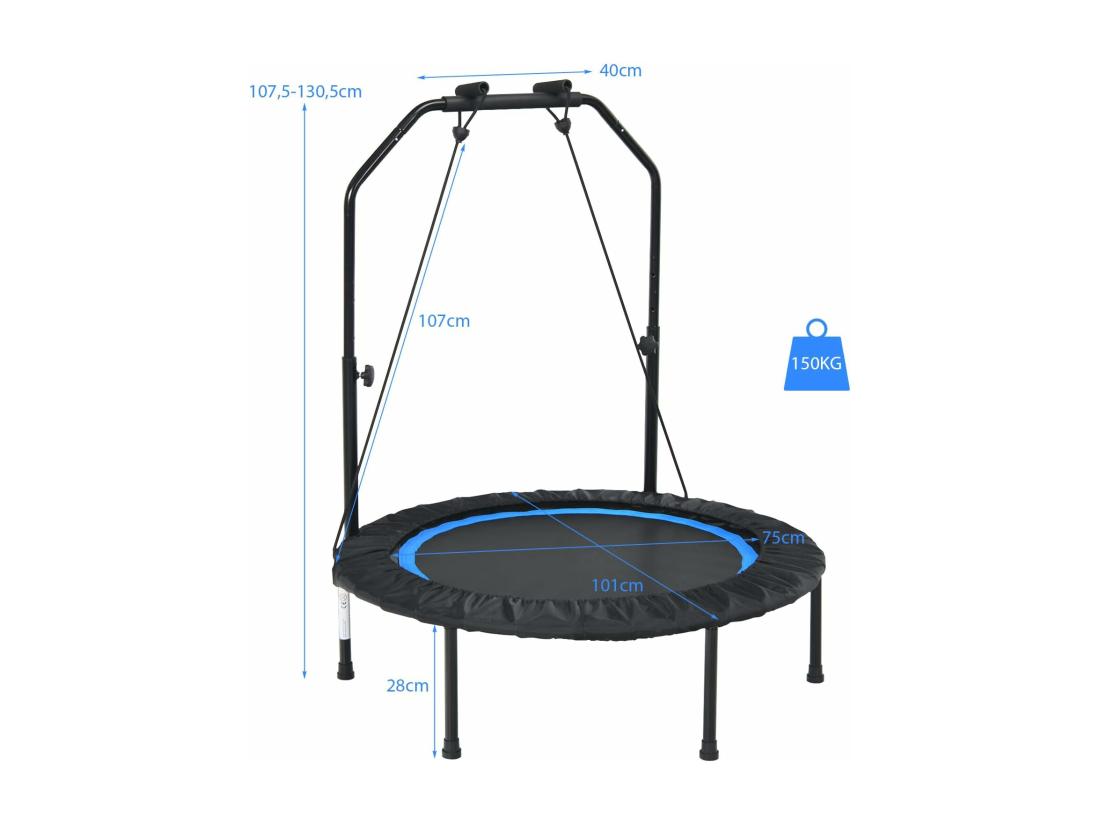 Vente Unique Trampoline De Fitness Pliable 101cm Avec 2 Bandes De Résistance Main Courante Hauteur Réglable Charge 150 Kg Pour Enfants