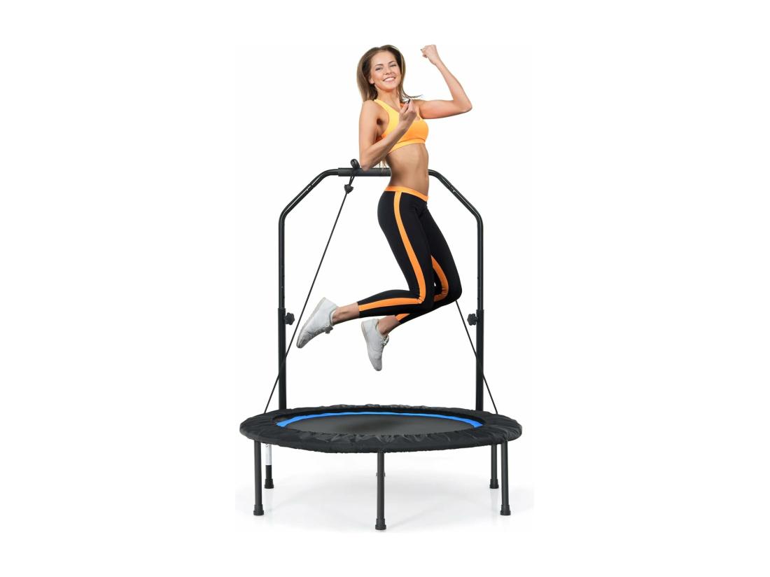 Vente Unique Trampoline De Fitness Pliable 101cm Avec 2 Bandes De Résistance Main Courante Hauteur Réglable Charge 150 Kg Pour Enfants